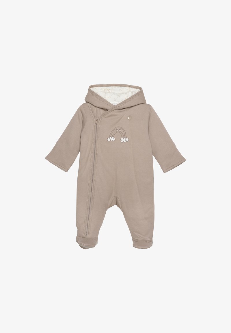 Combinaison en coton brun pour bébé avec capuche, fermeture éclair à l'avant, arc-en-ciel et nuages brodés, manches longues et poignets côtelés. Doublure intérieure douce.