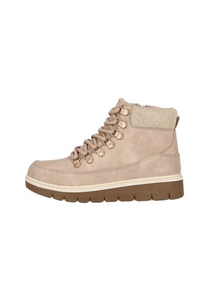 Beige hoge laarzen van suede met een gestructureerde tricot kraag, ronde neus, vetersluiting aan de voorkant en een dikke rubberen zool.