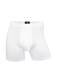 White cotton boxer briefs with a snug fit, featuring a reinforced front pouch and a black label on the waistband. Smooth texture.