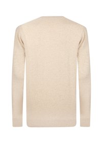 Maglione beige con scollo rotondo e maniche lunghe, caratterizzato da una texture liscia e polsini e orlo a costine. La vista posteriore mostra un design semplice.