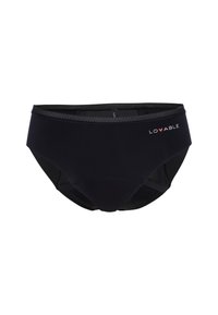 Slip neri da donna realizzati in tessuto liscio; presentano un design semplice con una vita in rete e un piccolo logo "LOVABLE" sul lato.