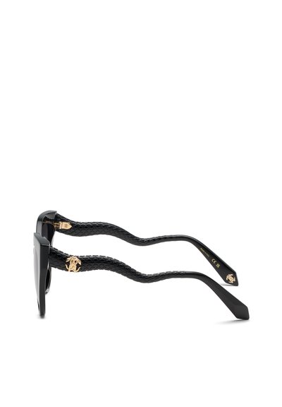 Lunettes de soleil noires avec branches texturées à motif peau de serpent et ornements en or avec logo tortue de chaque côté.
