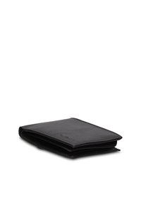 Portafoglio in pelle nera con texture liscia, design pieghevole e dettagli di cuciture sottili. Forma compatta con logo in rilievo sul fronte.