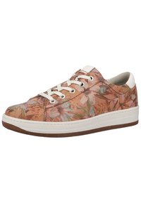 Floral-patterned sneaker with a pink and green design, made of leather, featuring white laces, a white sole, and a brown rubber outsole.