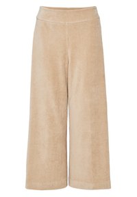 Bežové kordové kalhoty s širokým střihem, jemnou texturou, vysokým pasem a vertikálním proužkovaným vzorem, s uvolněným siluetem a zúženým lemem.