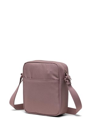 Torba na ramię w miękkim, mauve'owym materiale, prostokątny kształt, zamek błyskawiczny, regulowany pasek, przednia kieszeń, teksturowana powierzchnia dla zwiększonej trwałości.