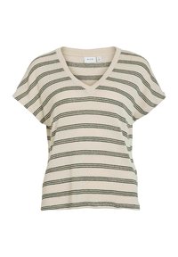 Beige randig T-shirt med korta ärmar och V-ringning. Har mörkgröna horisontella ränder och en lös passform. Texturerat stickat tyg.