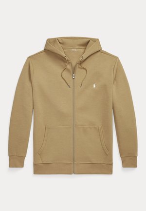 Béžová mikina na zips s vreckami vpredu, kapucňou so sťahovacími šnúrkami a malým bielym logom Polo Ralph Lauren na ľavej strane hrudníka.
