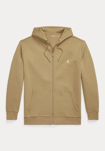 Sweat à capuche beige zippé avec poches avant, capuche à cordon et petit logo Polo Ralph Lauren blanc sur la poitrine gauche.