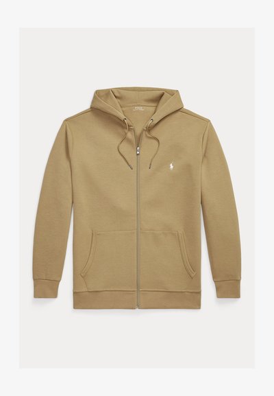 Sweat à capuche beige zippé avec poches avant, capuche à cordon et petit logo Polo Ralph Lauren blanc sur la poitrine gauche.