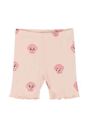 Pink ribbed shorts featuring a shell pattern with smiling faces, finished with a ruffled hem. Made of soft, stretchy fabric for comfort.