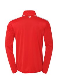 Red jacket with long sleeves and a high collar. Features reflective accents on shoulders and a logo on the back. Smooth, lightweight material.