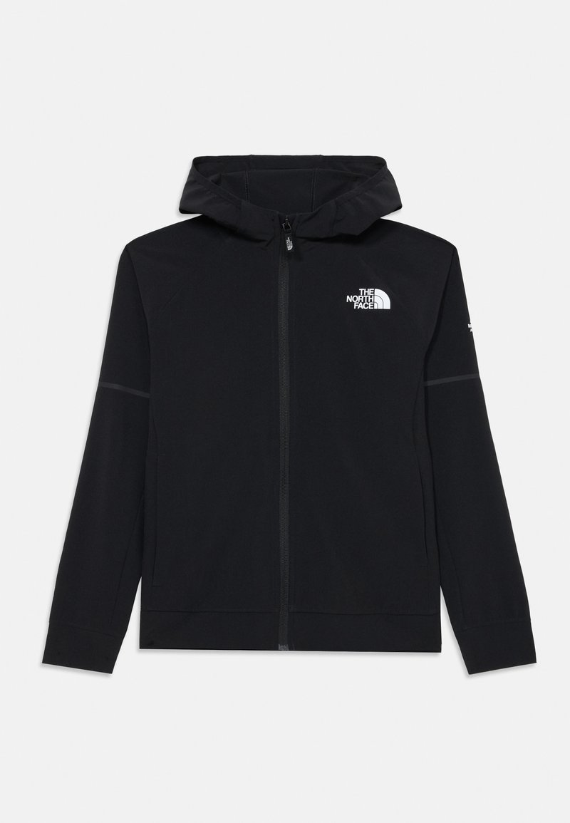 Svart zip-up hettegenser med frontlomme, justerbar hette og The North Face-logo i hvitt på brystet. Glatt stoff med ribbestrikkede mansjetter.