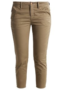 Kaki bomullschinos med en slät textur, smal passform, bältesloophål, fram- och bakfickor samt knappstängning. Ankellång design.