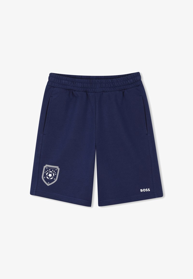 Shorts à taille élastique bleu marine avec poches latérales, un emblème de football "Team Boss" blanc sur la jambe gauche et le texte "BOSS" sur la jambe droite.