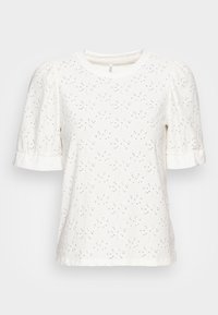 Witte katoenen t-shirt met korte pofmouwen, voorzien van een textuurpatroon van kleine stippen en golven. Ronde halslijn en normale pasvorm.