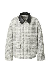 Tweed jasje in lichtgrijs met zwarte accenten. Heeft een leren kraag, twee voorzakken en een boxy silhouet. Textuurstof.