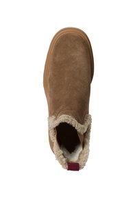 Braune Wildleder-Ankle-Boots mit einer weichen, cremefarbenen Fellfutter am Kragen, ausgestattet mit einer runden Zehenpartie und einer stabilen braunen Gummisohle.