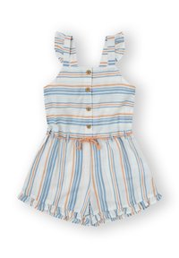 Mono de rayas con tirantes con volantes, que presenta líneas azules y naranjas sobre un fondo blanco. Botones en la parte delantera y cintura con cordón ajustable. Pantalones cortos con volantes.