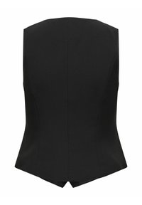 Zwarte mouwloze top met een getailleerde pasvorm, voorzien van een gladde textuur, gestructureerd ontwerp en een V-vormige zoom aan de achterkant.