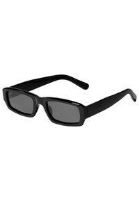 Black rectangular sunglasses with dark lenses. Thick plastic frames and curved arms provide a contemporary look. No additional patterns or accents.
