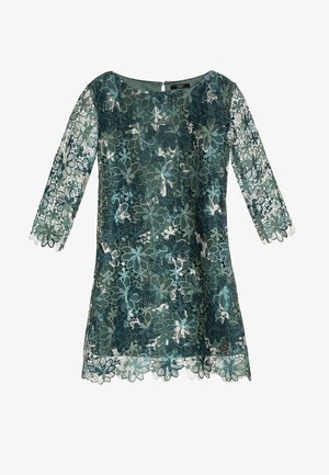 Krajkové šaty v odstínech petrolejové s tříčtvrtečními rukávy, květinovým vzorem, vroubkovaným lemem a zadním zipem.