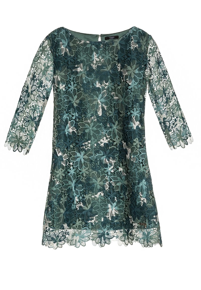 Koronkowa sukienka w odcieniach niebiesko-zielonych, z rękawami do połowy przedramienia, kwiatowym wzorem, falowanym dołem i zamkiem błyskawicznym z tyłu.