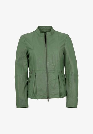 Grüne Lederjacke mit Stehkragen, durchgehendem Frontreißverschluss und seitlichen Reißverschlusstaschen, figurbetonter Schnitt mit Nahtdetails.