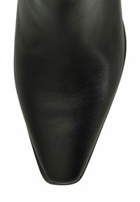 Bottine noire en cuir à bout pointu avec une texture lisse et un design épuré. La semelle est légèrement courbée, soulignant sa silhouette fluide.