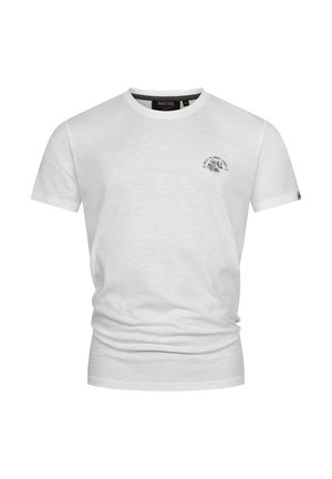Witte korte mouwen t-shirt gemaakt van zachte stof. Heeft een kleine zwarte grafische afbeelding op de borst. Klassieke ronde halslijn en slim fit ontwerp.