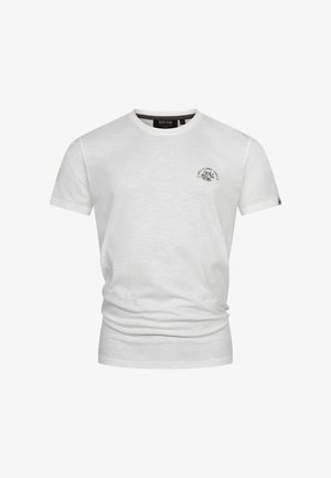 T-shirt bianco a maniche corte realizzato in tessuto morbido. Presenta una piccola grafica nera nella zona del petto. Collo tondo classico e design slim fit.