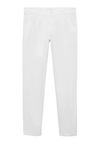 Bijele pamučne hlače slim fit kroja, s dizajnom od pet džepova i kopčanjem na dugme. Glatka tekstura bez vidljivih uzoraka ili akcenta.