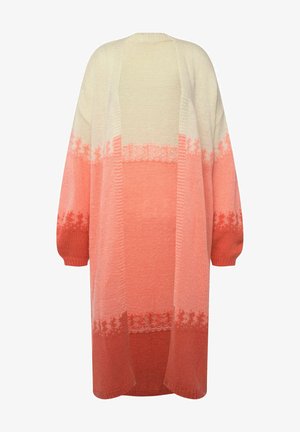 Długi kardigan z dzianiny, ozdobiony gradientowym wzorem w odcieniach kremu i różu, z luźnymi rękawami oraz otwartym przodem.