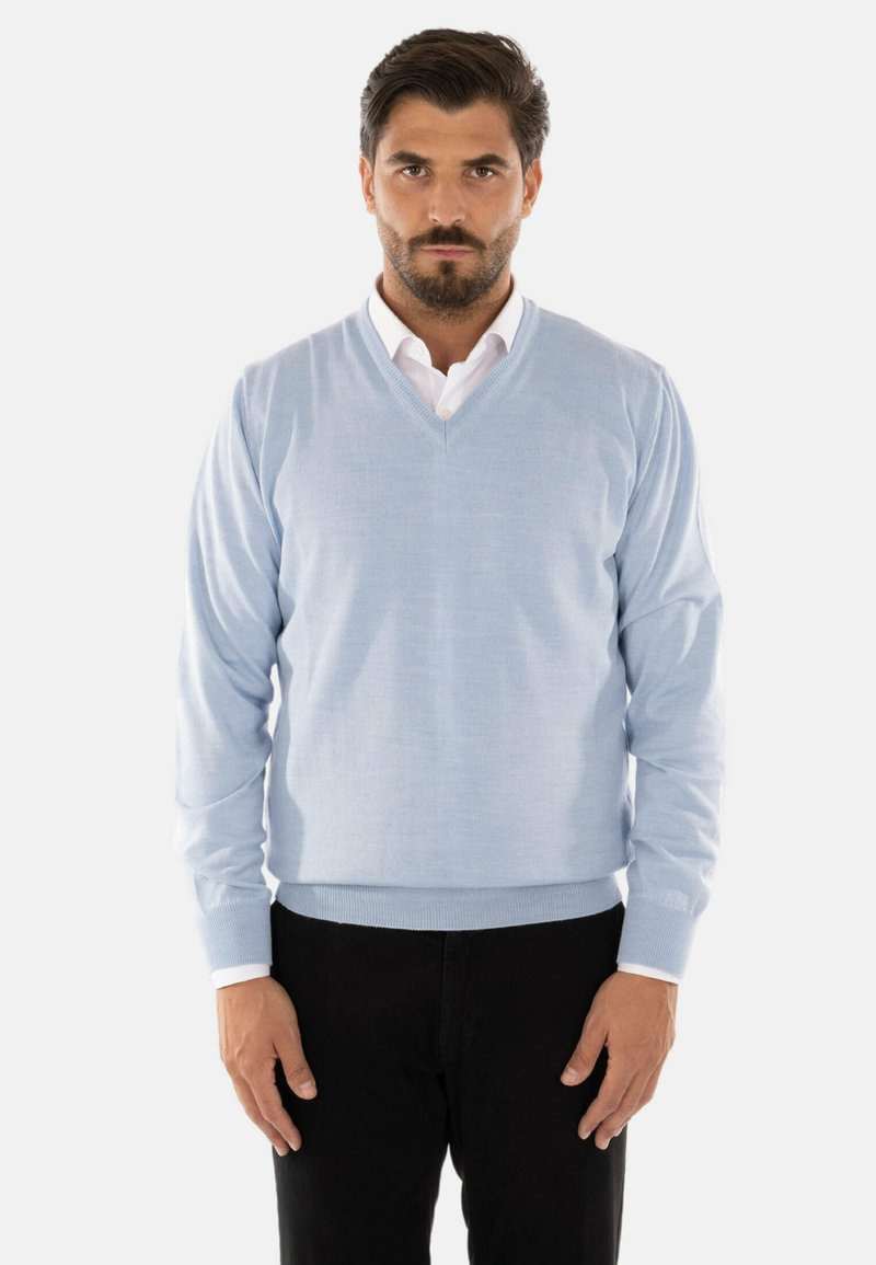 Maglione azzurro chiaro a scollo a V realizzato in tessuto morbido, con maniche lunghe e polsini e orlo a costine, abbinato a una camicia bianca con colletto sotto.