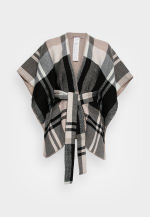 Poncho à carreaux noirs, gris et beige avec ceinture, manches larges et col en V, présenté sur fond blanc.