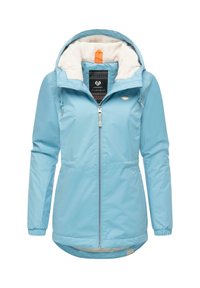 Light blue jacket featuring a hood, zippered front, fleece lining, elastic cuffs, and a patterned inner label with an orange accent.