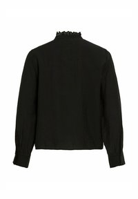 Melnā garenās piedurknēs blūze ar teksturētu, viļņotu apkakli. Materiāls izskatās viegls un nedaudz caurspīdīgs, ar pogām aizādām.