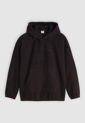 Black fleece hoodie with a textured surface, kangaroo pocket, and drawstring hood. Features subtle branding on the front.