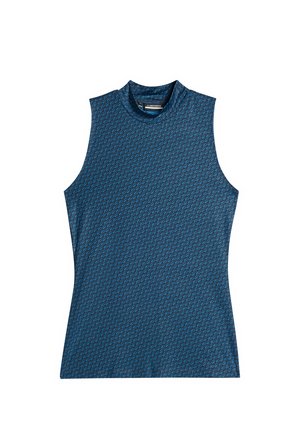 Top senza maniche in tessuto blu scuro con un motivo geometrico in blu chiaro, caratterizzato da un collo alto e una vestibilità aderente.