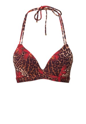 Biustonosz bikini w panterkę z czerwonymi kwiatowymi akcentami. Projekt na szyję, w kształcie trójkąta, z regulowanymi ramiączkami. Teksturowany materiał o gładkim wykończeniu.