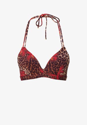 Bikini top s leopardím vzorom a červenými kvetinovými akcentmi. Dizajn s halter neck, trojuholníkový tvar a nastaviteľné popruhy. Textúrovaná tkanina s hladkým povrchom.