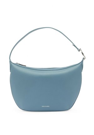 Jasnoniebieska skórzana torba na ramię z pojedynczym paskiem, zakrzywionym górnym zamkiem błyskawicznym i małym logo Trussardi z przodu.