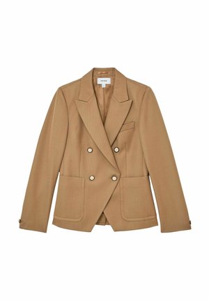 Sacou maro cu nasturi dubli, rever decupat, două buzunare frontale și nasturi aurii. Material texturat cu o croială structurată.