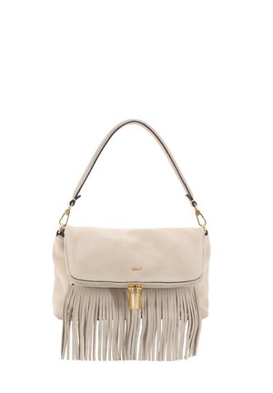 Beige suede handbag with fringe detail, gold hardware, and a zippered closure. Features a single shoulder strap and logo on the front.