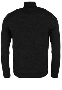 Schwarzer Strickpullover mit langen Ärmeln und hohem Kragen. Die Textur ist weich und glatt und präsentiert eine einheitliche Farbe ohne Muster oder Akzente.