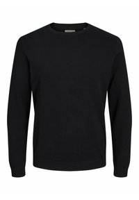 Pulover negru cu guler rotund, confecționat dintr-un material moale, cu mâneci lungi, manșete și tiv cu nervuri. Design minimalist, fără modele sau logo-uri vizibile.