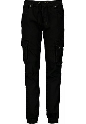 Czarne joggery typu cargo z elastycznym paskiem w talii, sznurkiem do regulacji, bocznymi kieszeniami z klapami oraz elastycznymi ściągaczami przy kostkach.