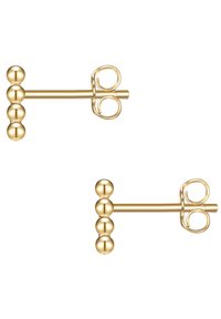 Arany színű fülbevalók, amelyek egyik végén három gömb alakú gyöngy található, a másik végén pedig egy ívelt hurok, sima, fényes felülettel.