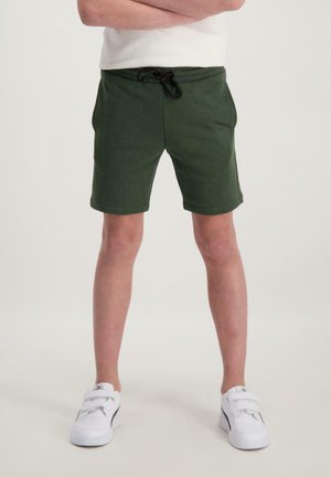 Groene katoenen shorts met een elastische tailleband en een zwarte trekkoord. Heeft zijzakken en een gladde textuur, iets boven de knie.