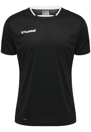 T-shirt de sport noir à manches courtes avec un col blanc, arborant un logo sur le côté supérieur gauche de la poitrine et fabriqué en tissu texturé respirant.